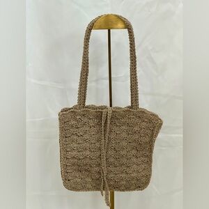 Hand Crocheted Taupe Rope Tote Boho Coastal Gingham Lined Artisan Bag